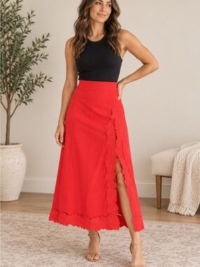 Topshop Red Lace-Trim Maxi Skirt With Side Slit Size 10